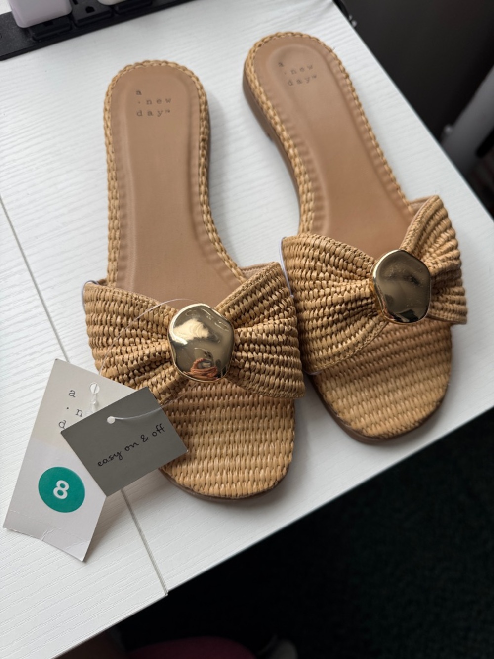 a new day Tan Woven Bow Slide Sandals with Gold Disc